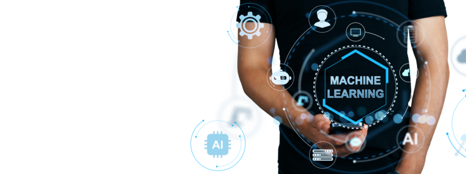 Machine learning concept with futuristic digital interface elements and AI icons on transparent background with person holding smartphone. 