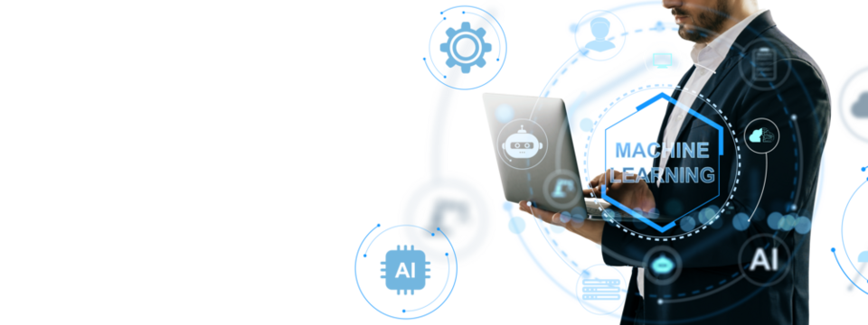 Businessman using laptop with artificial intelligence and machine learning interface on futuristic transparent background for tech concept. 