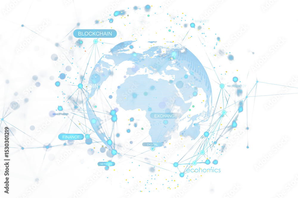 Poster Digital global network with blockchain and finance connections surrounding Earth in neon blue on white background, modern technology concept template. 3D Rendering