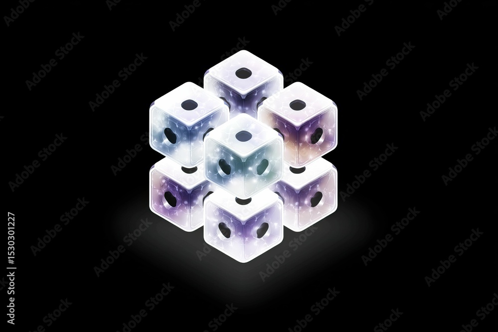 Wall mural stacked dice show nebula textures, luminous cubes, on black background