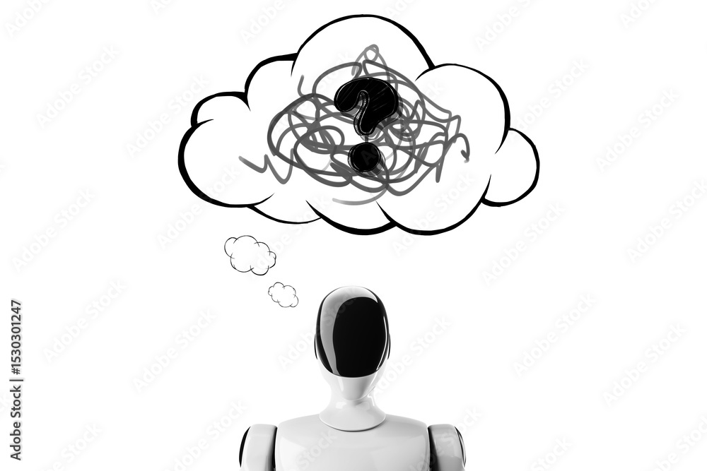 Poster Humanoid robot under thought cloud with scribbled question mark symbolizing confusion and artificial intelligence query concept. 3D Rendering