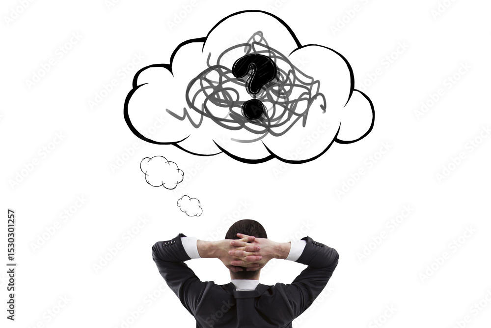 Poster Businessman from rear view thinking with hands behind head, sketchy cloud with scribbles and question mark symbolizing confusion and problem. 