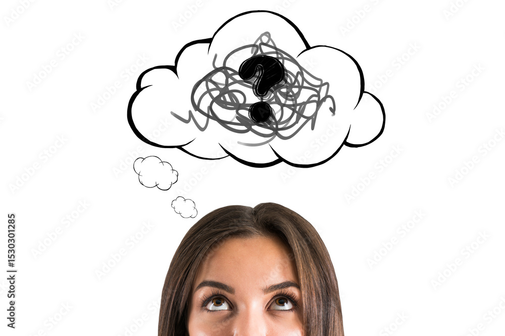 Poster Woman looking up at sketchy thought bubble with tangled scribbles and question mark symbol on clean white isolated background. 