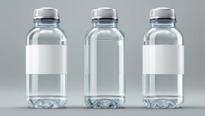 Three clear plastic water bottles with white labels
