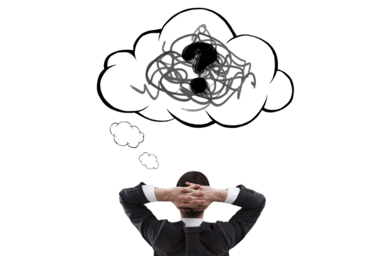 Businessman from rear view thinking with hands behind head, sketchy cloud with scribbles and question mark symbolizing confusion and problem. 