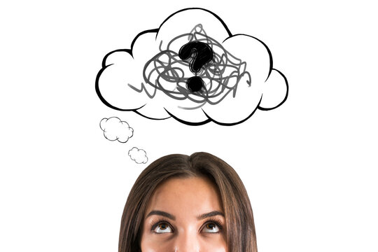 Fototapeta Woman looking up at sketchy thought bubble with tangled scribbles and question mark symbol on clean white isolated background. 