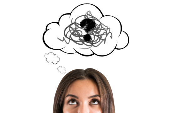 Woman looking up at sketchy thought bubble with tangled scribbles and question mark symbol on clean white isolated background. 