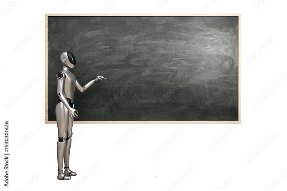 Poster Futuristic humanoid robot pointing at blank chalkboard in classroom scene on white background, symbolizing AI in education and modern learning. 3D Rendering