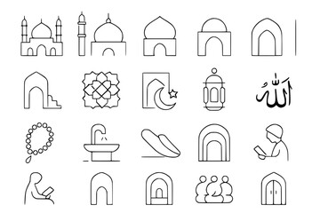 Minimalist Mosque and Islamic Culture Icon Set: Vector Outline Icons for Prayer, Architecture, and Religious Practices with Adjustable Line Weight