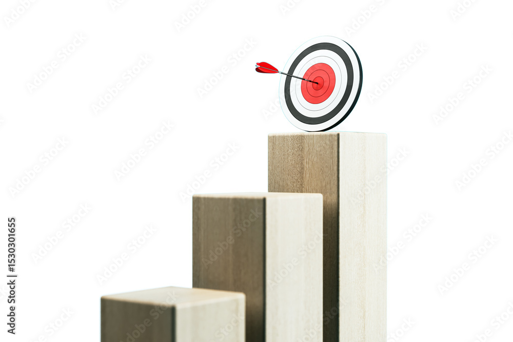 Poster target dart hitting center of bullseye on top of wooden bar graph, representing goal achievement and
