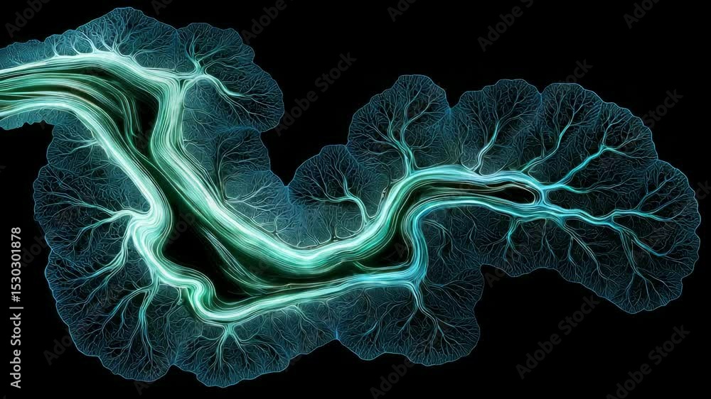 Poster vibrant abstract flow of river energy dark patterns and light hues in intricate branching designs