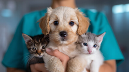 Veterinarian holding a golden retriever puppy and two kittens in a clinic.
