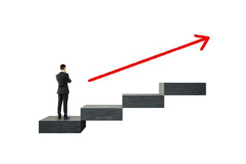 Businessman standing on staircase steps with upward red arrow symbolizing career growth and success on clean white background. 