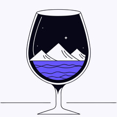 Wine glass containing a mountain and lake night scene view