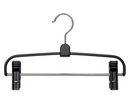 Durable black plastic hanger with metal clips for organizing garments on a transparent background