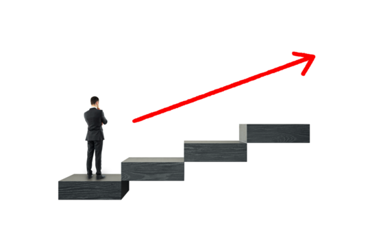 Businessman standing on staircase steps with upward red arrow symbolizing career growth and success on clean white background.  - Powered by Adobe