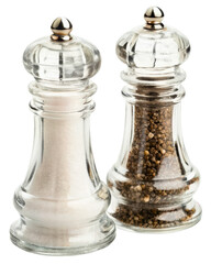 Classic salt and pepper shakers made of clear glass on a transparent background