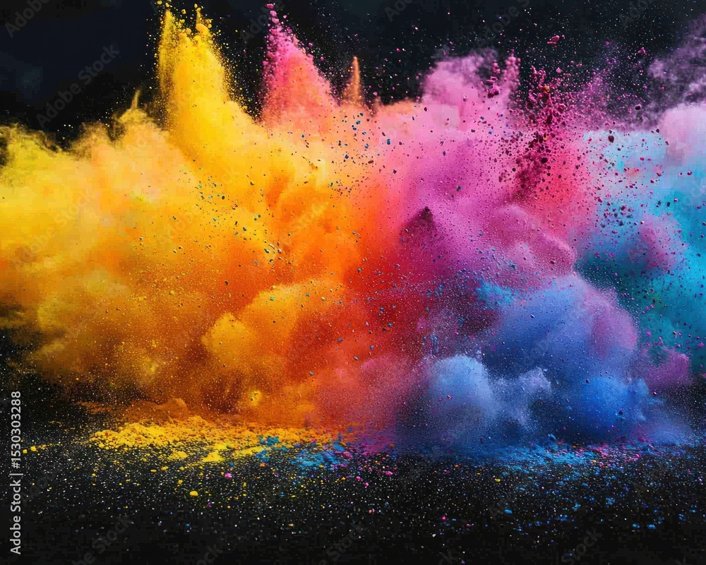 Poster a vibrant explosion of multicolored powder against a stark black background, creating a dynamic and 