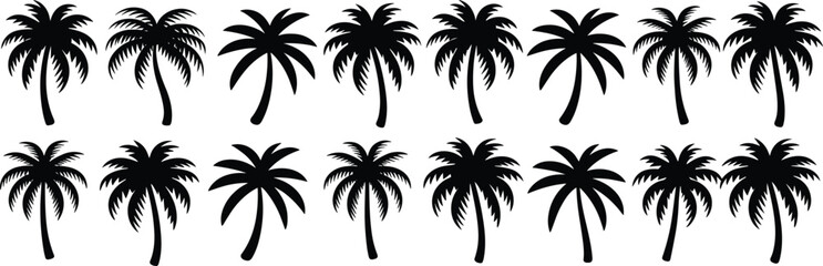 Collection of black palm tree silhouettes, tropical vector illustration set, isolated on white background, perfect for beach design, vacation graphics, or summer decorative artwork
