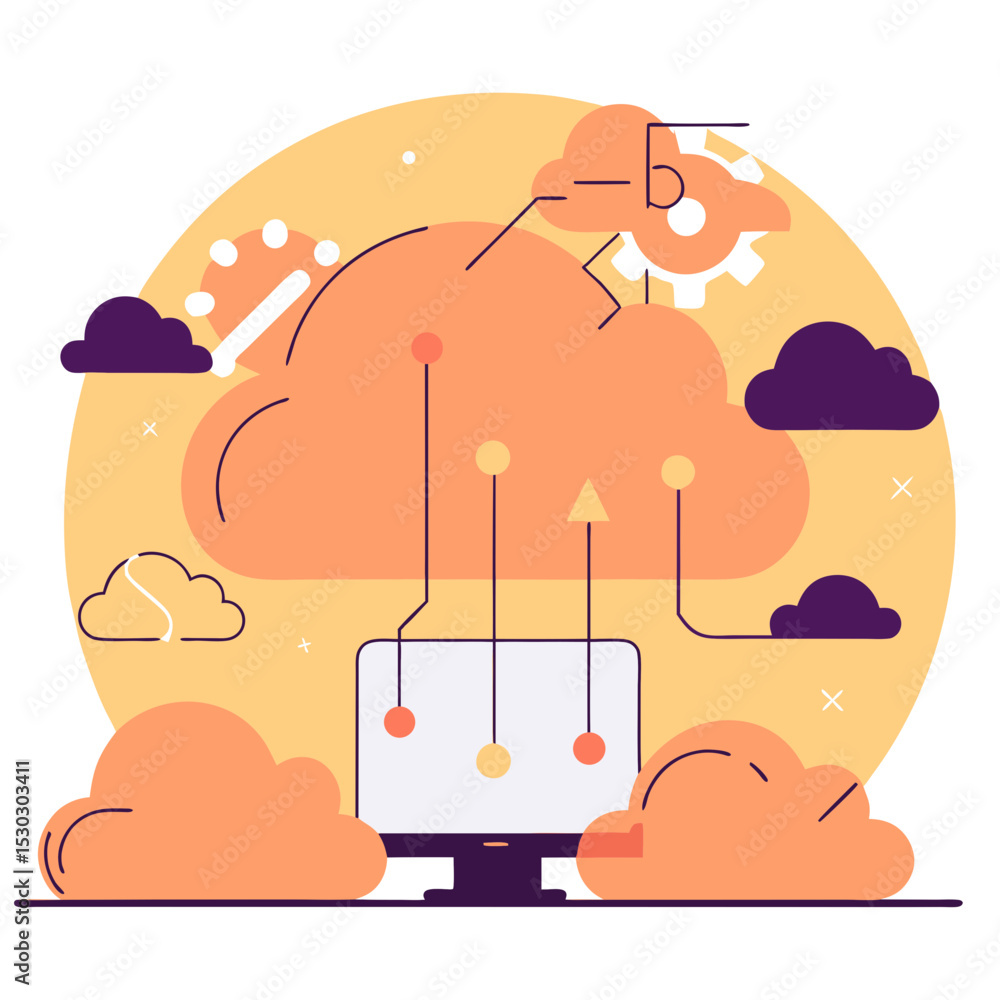 Poster illustration of cloud computing with computer and clouds