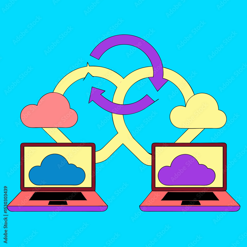Poster two laptops connected to clouds with arrows indicating flow