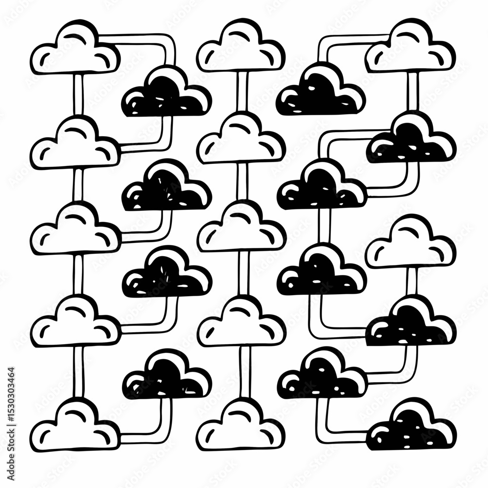 Poster illustration of interconnected clouds in a network pattern