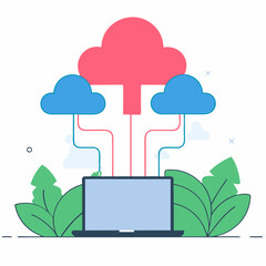 Laptop connected to cloud network with green leaves around