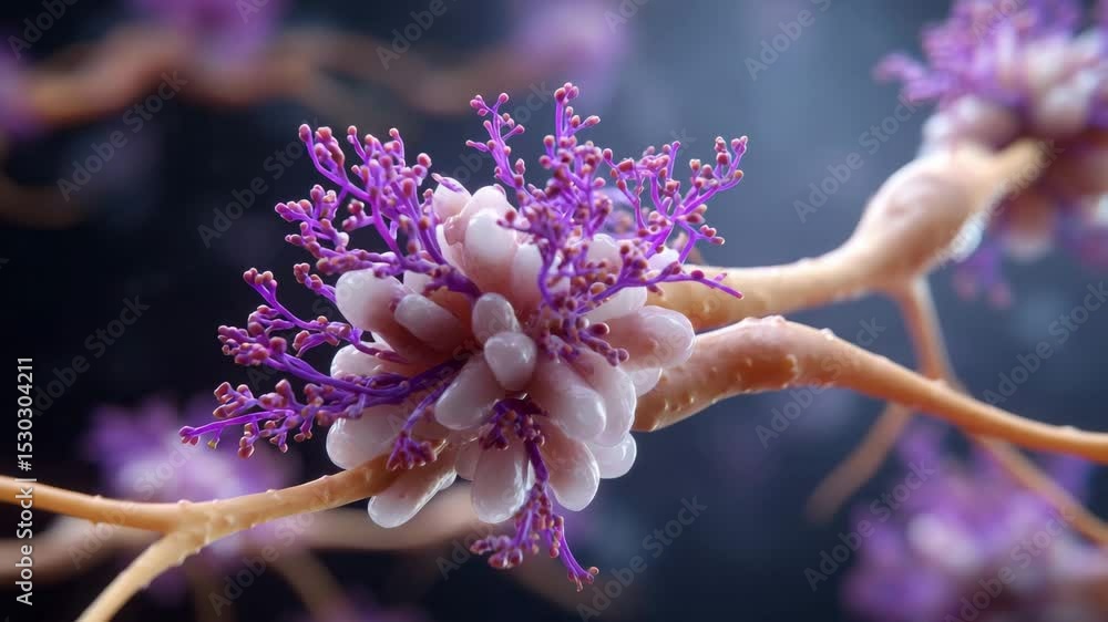 Poster close up of unique biological structure with delicate purple and white flowers branching in vibrant 