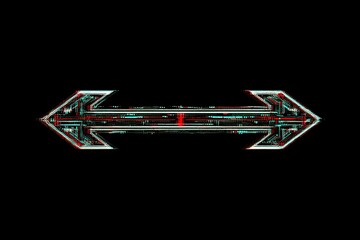 Double-headed arrow with a glitchy, futuristic, and geometric design