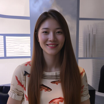 High-quality photo of a calm and confident young woman, laughing in a casual fish print shirt with a formal business background. Perfect for editorial, commercial or advertising use.