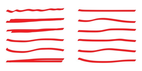 Red marker line. Hand drawn marker highlighters, underline, lines, marker and sketch. Highlighters, hand drawn underline. Scribble underline markers set. Scratch lines. Vector illustration. EPS 10