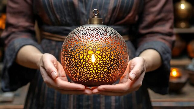 Hands Present Glowing Ornate Orb with Intricate Cutout Details and Warm Light