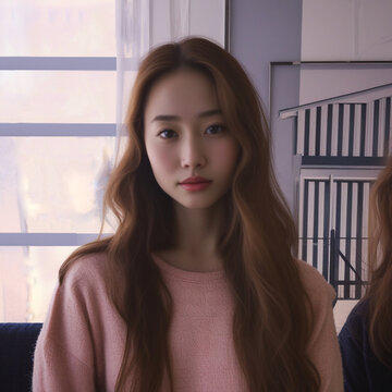 A portrait of a young woman with long brown hair, wearing a soft pink sweater. Shot in natural light against a neutral background, the image exudes a simple, calm aesthetic, ideal for lifestyle