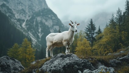 Majestic Mountain Goat in Natural Habitat: A stunning photograph captures a regal mountain goat perched atop a rocky peak.