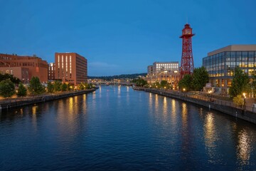 Obraz premium View of a river running through a city with buildings and a red tower at twilight
