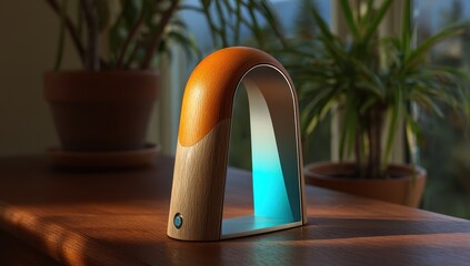 Modern, arching lamp with warm hues