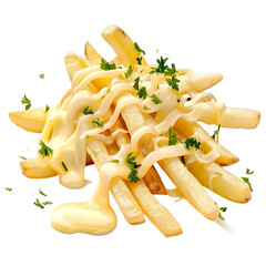 Delicious french fries with creamy cheese sauce and parsley isolated on transparent background