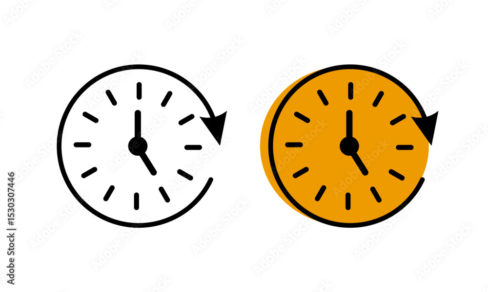 Poster set of two clock icons with clockwise arrows, symbolizing time management, scheduling, deadline, or 