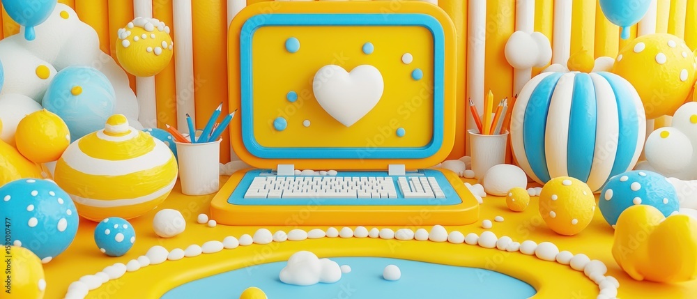 Fototapete a whimsical 3d rendering features a stylized computer with a heart on the screen, surrounded by colo