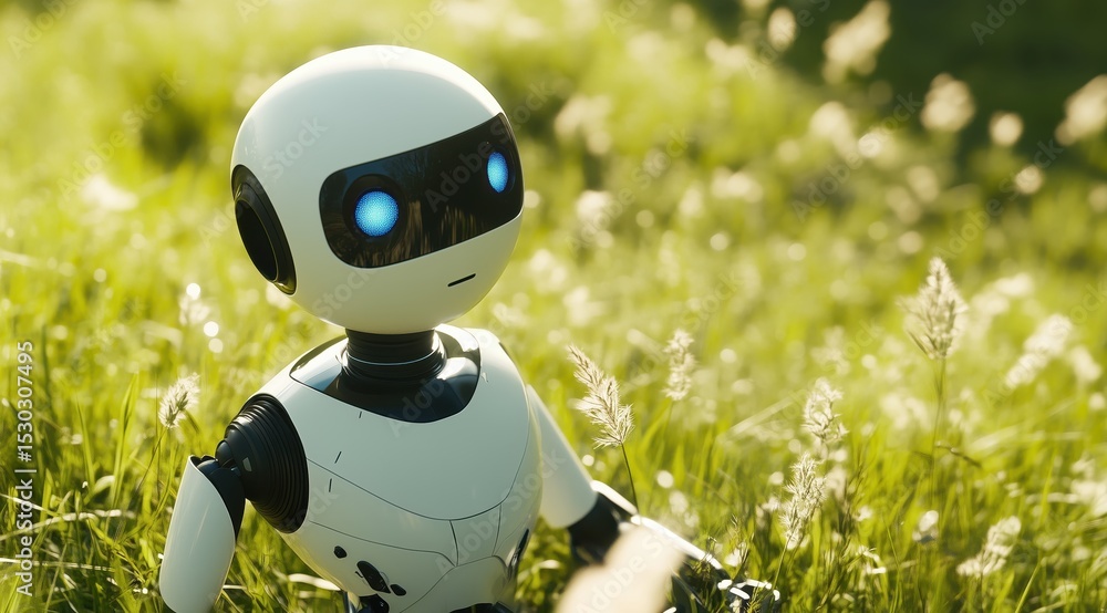 Poster curious robot in a field: a cute, advanced robot, designed with human-like qualities, exploring a fi