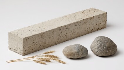 Light beige rectangular block, beside stones and wheat stalks