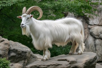 Obraz premium Majestic Mountain Goat: A striking mountain goat, with its flowing white fur and impressive curved horns, stands proudly on a rugged stone.