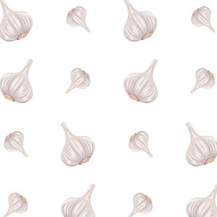 Garlic seamless pattern featuring whole bulbs in soft neutral colors. Ideal for kitchen textiles, food packaging, restaurant branding, healthy eating and botanical designs.