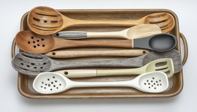 Wooden and plastic slotted spoons on a baking sheet