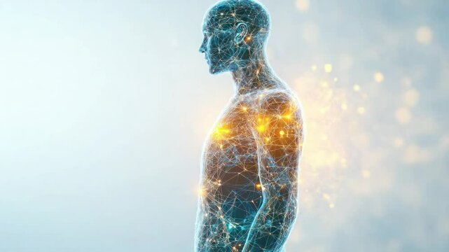 Bio-luminescence: A stunning visual portrayal of the human form, aglow with intricate networks of energy. The glowing effect illuminates the essence of human existence.