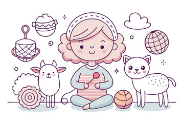 A cheerful cartoon illustration features a girl with pastel pink hair, sitting and holding a lollipop.