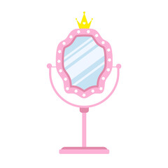 Princess mirror. Small table mirror for applying women makeup. Furniture for princess or royal room interior. Vintage Vector illustration in flat cartoon style.