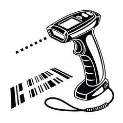 Black and white illustration of a handheld barcode scanner in operation © Bashir Ahammed