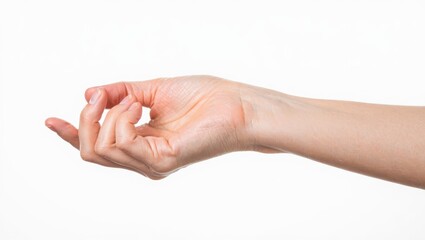 Female Hand Gesture on White Background Holding Pinching or Offering Something Small