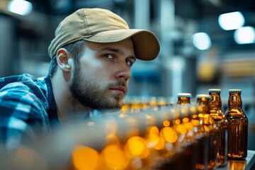 Young man working on the beer bottling machine, focusing on his task and ensuring efficiency in the production process during a brewery operation, Generative AI
